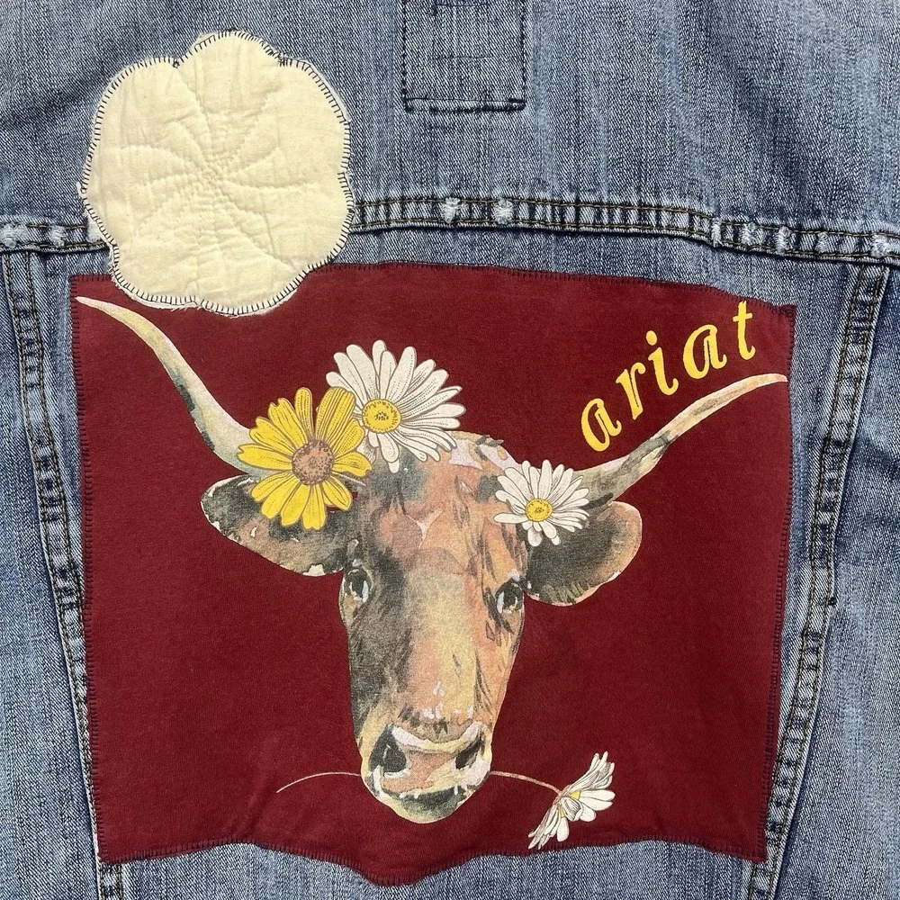 Upcyled Reworked Denim Trucker Vest Womens L Cow Flowers Quilted Flower Raw Edge
